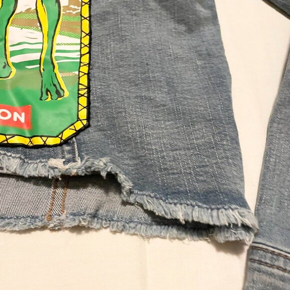 Jeaniologie Altered Jean Denim Jacket Dont Talk to Strangers Patch Sz Large - Picture 12 of 16